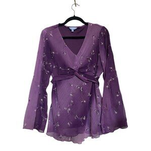 Purple Floral Whimsical Tie-in-back Blouse